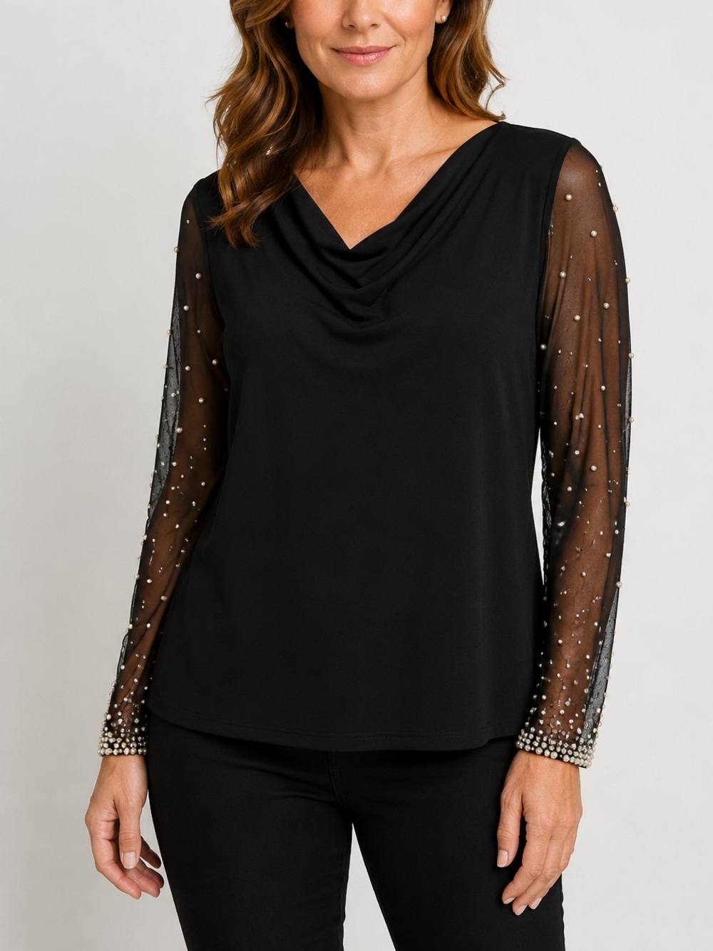 SL Fashions Vintage 10P Black Cowl Neck Sheer Beaded Pearl Sleeve Blouse Holiday